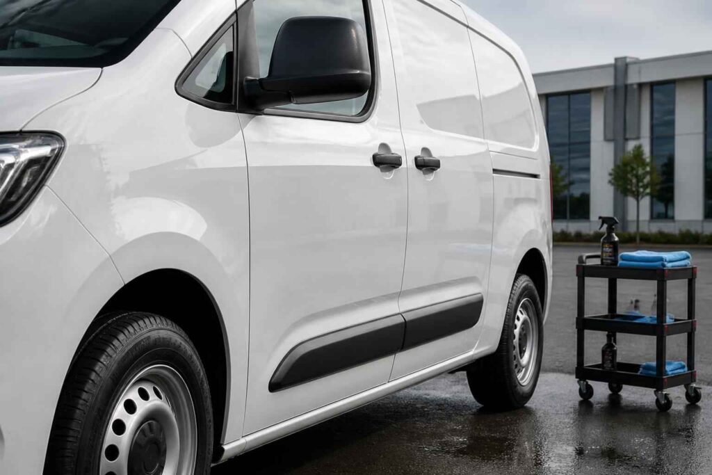 Biały van zaparkowany obok wózka narzędziowego na mokrym parkingu